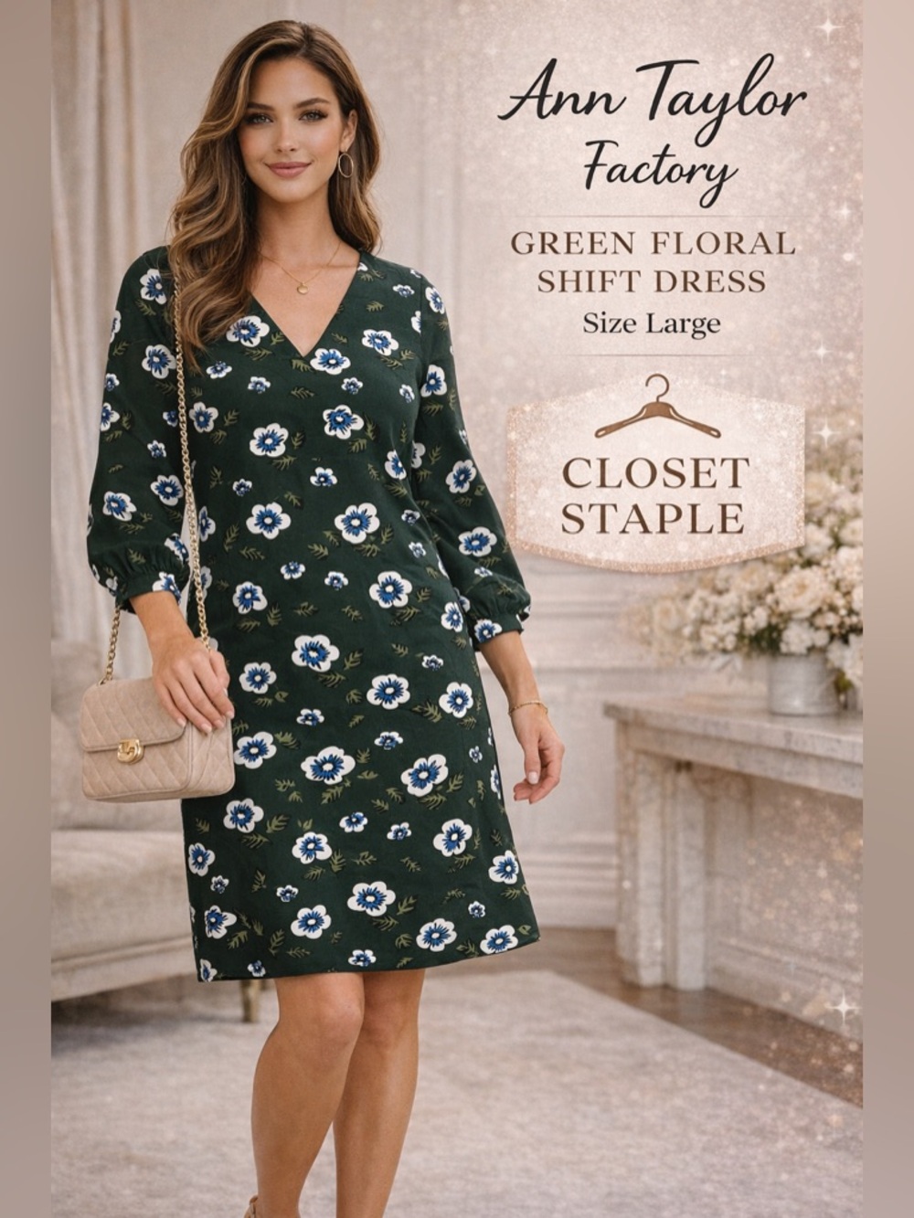 Ann Taylor Factory Dark Green Floral V-Neck Shift Dress